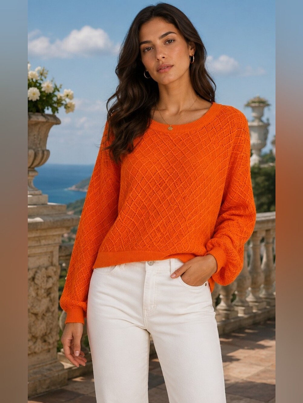 Alice + Olivia Vibrant Orange Diamond Openwork Crewneck Sweater Sz L